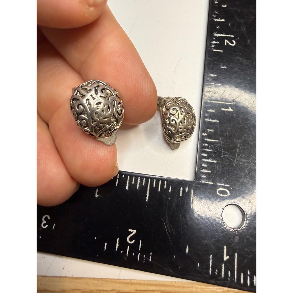 Silver Tone Filigree Dome Clip On Earrings Ornate Openwork Scroll Design